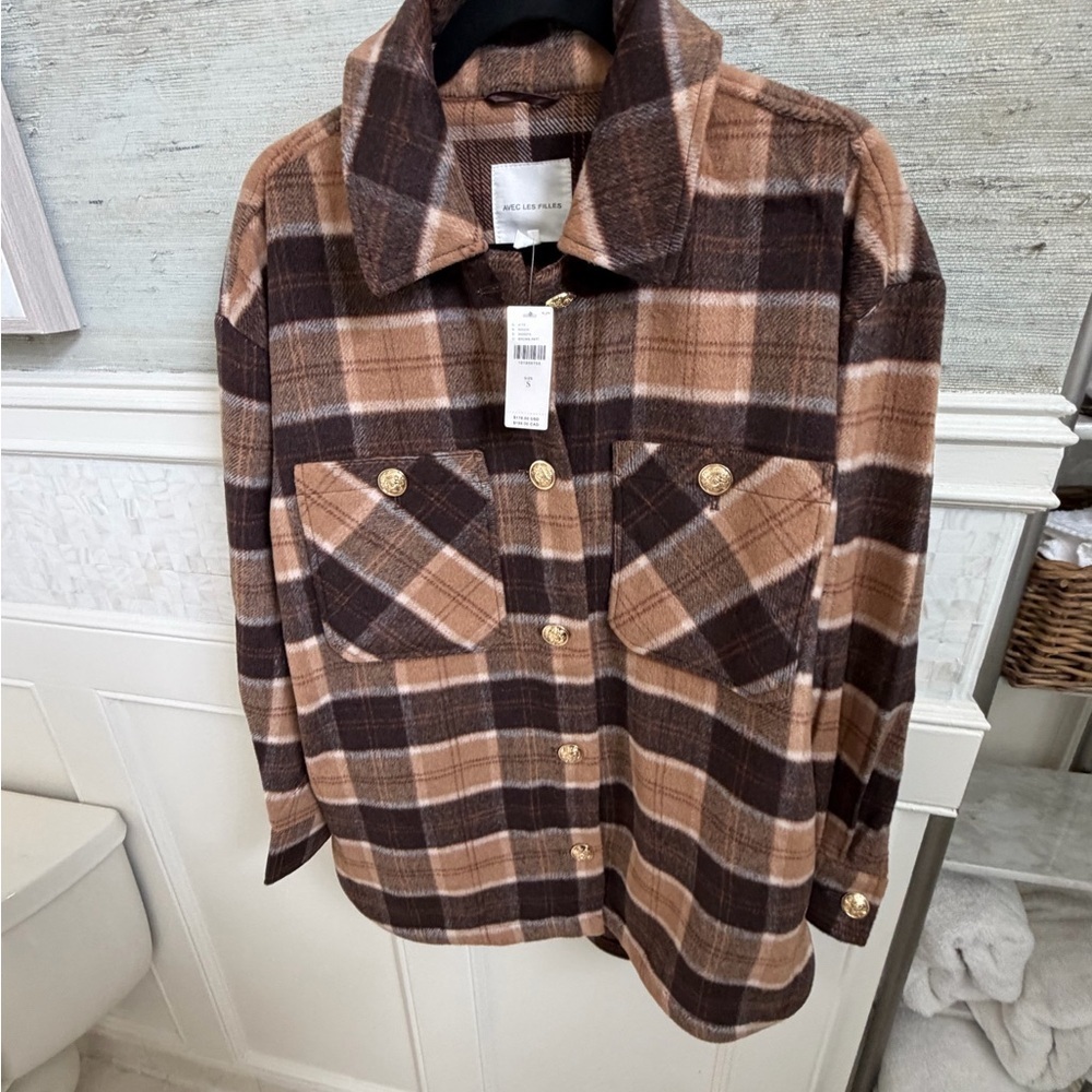 NWT new small Anthropologie avec les filles Plaid Button jacket shacket brown - Picture 7 of 16